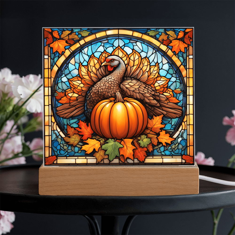 Thanksgiving Stained Glass Turkey Acrylic Plaque – Elegant Fall Home Decor with LED Light Base | Autumn Window Art Inspired Gift
