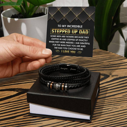 To My Incredible Stepped Up Dad - The Dad You Choose to Be Men's Leather Bracelet with Gift Box - Mallard Moon Gift Shop