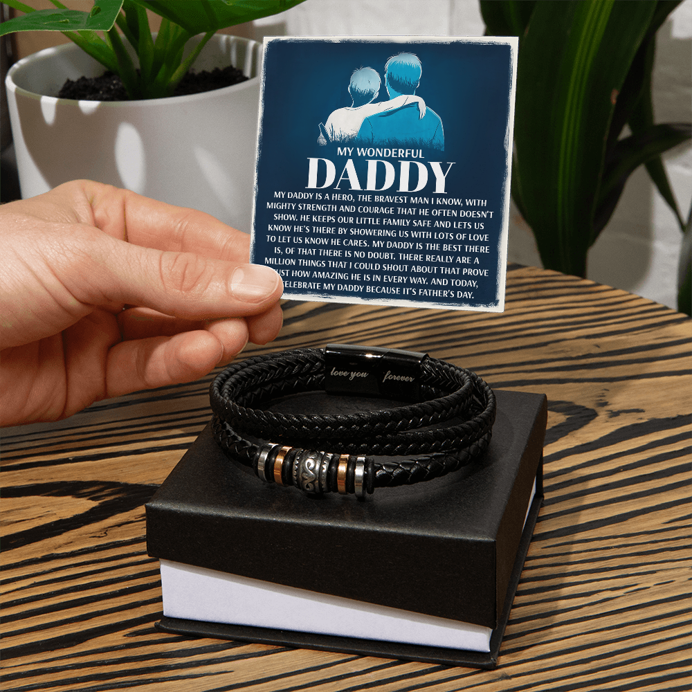 My Wonderful Daddy - Men's Vegan Leather Bracelet with Message Card - Meaningful Gift for Dad from Son or Daughter - Mallard Moon Gift Shop