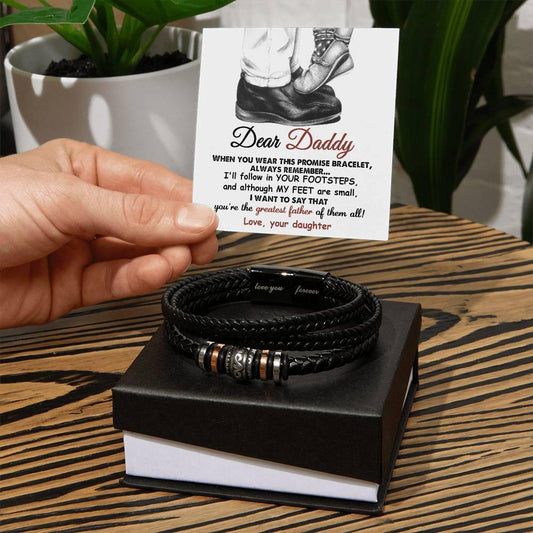 Dad Gift- I'll Follow Your Footsteps Promise Braided Leather Men's Bracelet - Mallard Moon Gift Shop