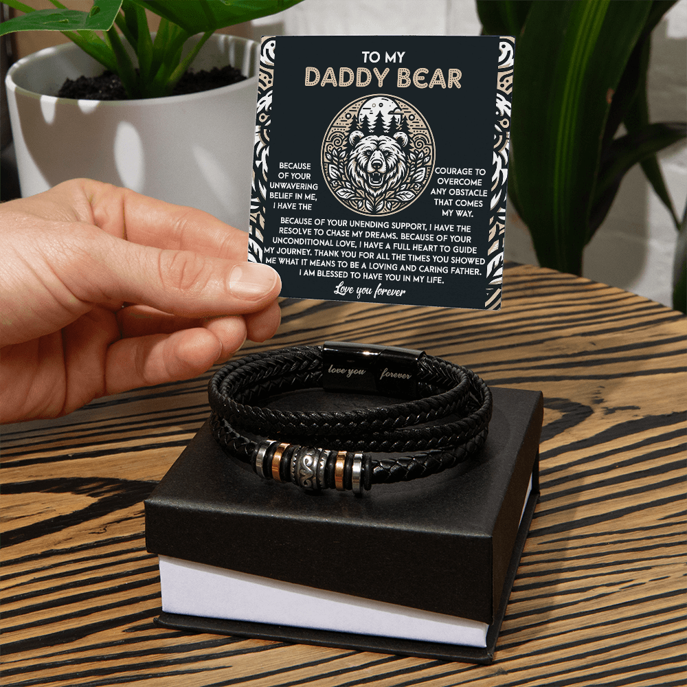 To My Daddy Bear Leather Bracelet with Message Card – Unwavering Belief & Support – Father's Day, Birthday, or Christmas Gift for Dad - Mallard Moon Gift Shop