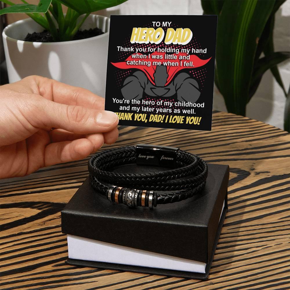 Dad Gift - To My Hero Dad Catching Me When I Fell - Braided Leather Men's Bracelet - Mallard Moon Gift Shop