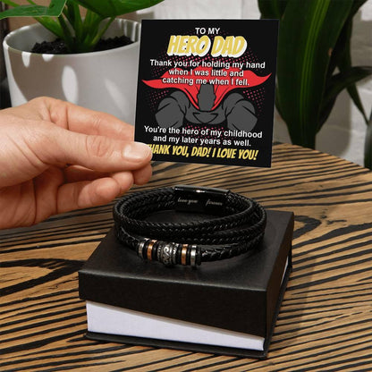 Dad Gift - To My Hero Dad Catching Me When I Fell - Braided Leather Men's Bracelet - Mallard Moon Gift Shop