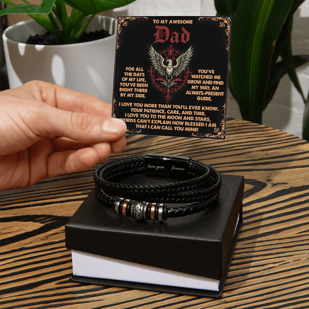 To My Awesome Dad Vegan Leather Bracelet  Birthday, Father's Day Gift with Norse-Inspired “Always Present Guide" Message Card - - Mallard Moon Gift Shop