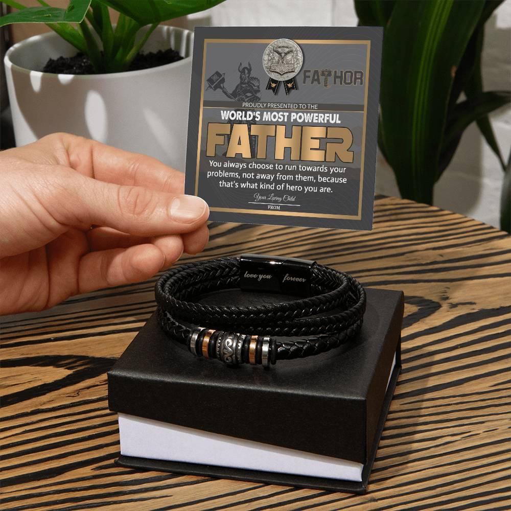 Dad Gift-Fathor - The Most Powerful Viking Father - Braided Leather Men's Bracelet - Mallard Moon Gift Shop