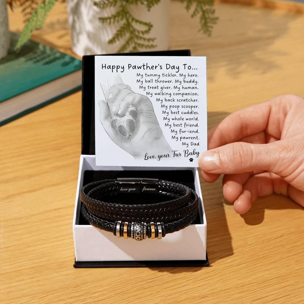 Gift for Fur Dad Happy Pawther's Day Personalized Black Braided Leather Men's Bracelet - Mallard Moon Gift Shop