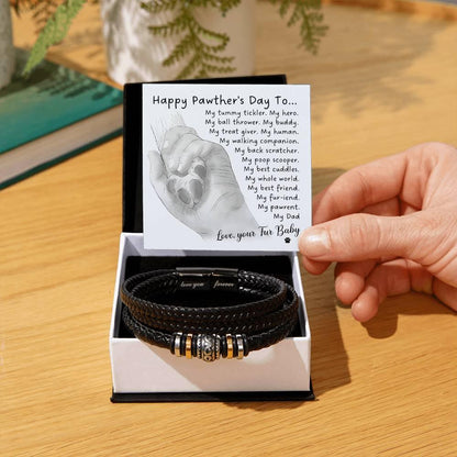 Gift for Fur Dad Happy Pawther's Day Personalized Black Braided Leather Men's Bracelet - Mallard Moon Gift Shop