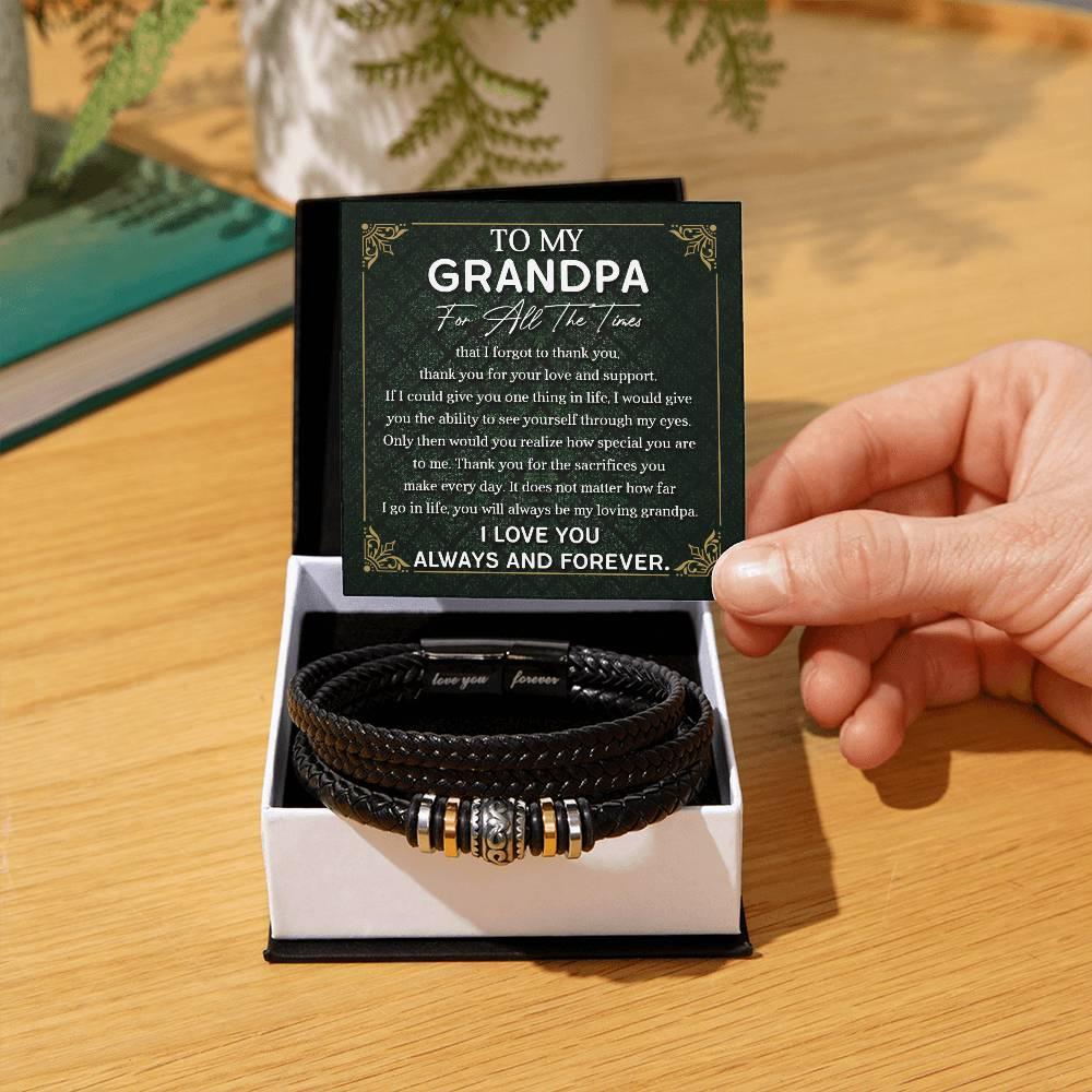 Grandpa Gift Thank You for Your Love and Support Black Braided Leather Men's Bracelet - Mallard Moon Gift Shop
