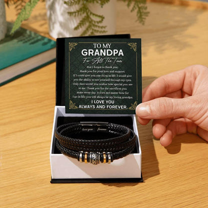 Grandpa Gift Thank You for Your Love and Support Black Braided Leather Men's Bracelet - Mallard Moon Gift Shop