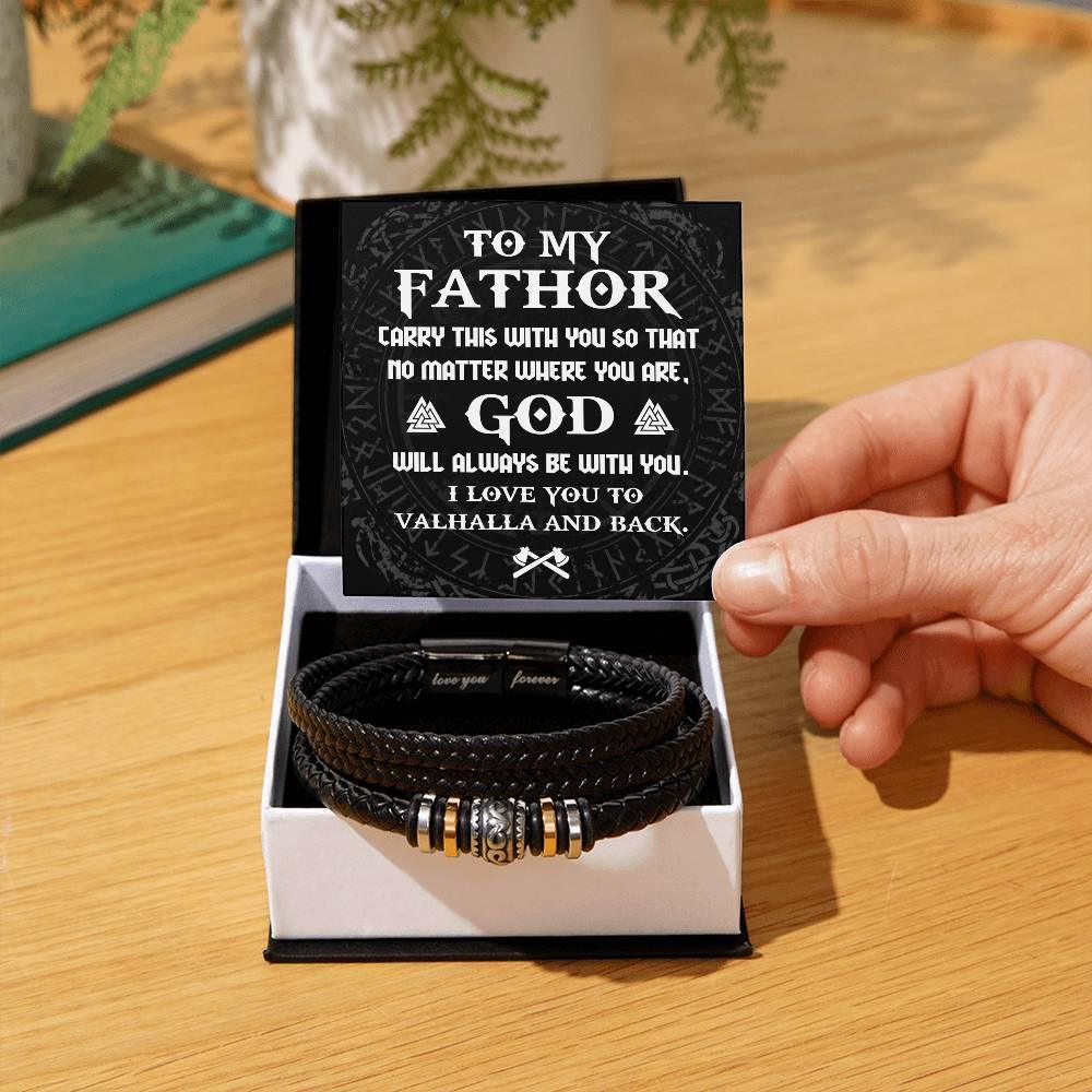 Dad Gift - To My Fathor -God Will Always Be With You-To Valhalla Viking Braided Leather Men's Bracelet - Mallard Moon Gift Shop
