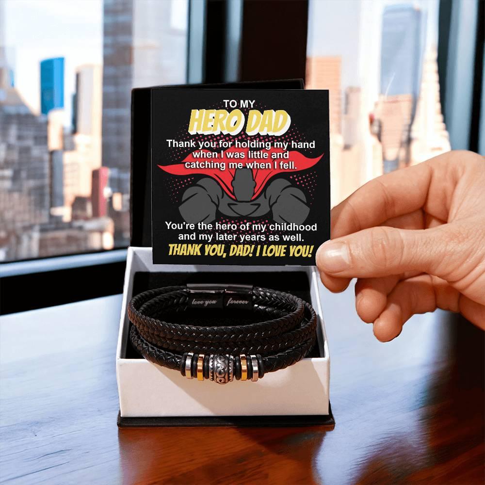 Dad Gift - To My Hero Dad Catching Me When I Fell - Braided Leather Men's Bracelet - Mallard Moon Gift Shop