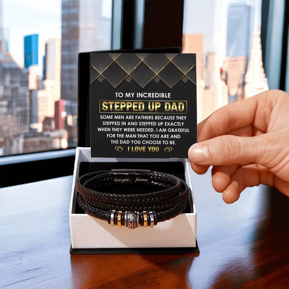 To My Incredible Stepped Up Dad - The Dad You Choose to Be Men's Leather Bracelet with Gift Box - Mallard Moon Gift Shop