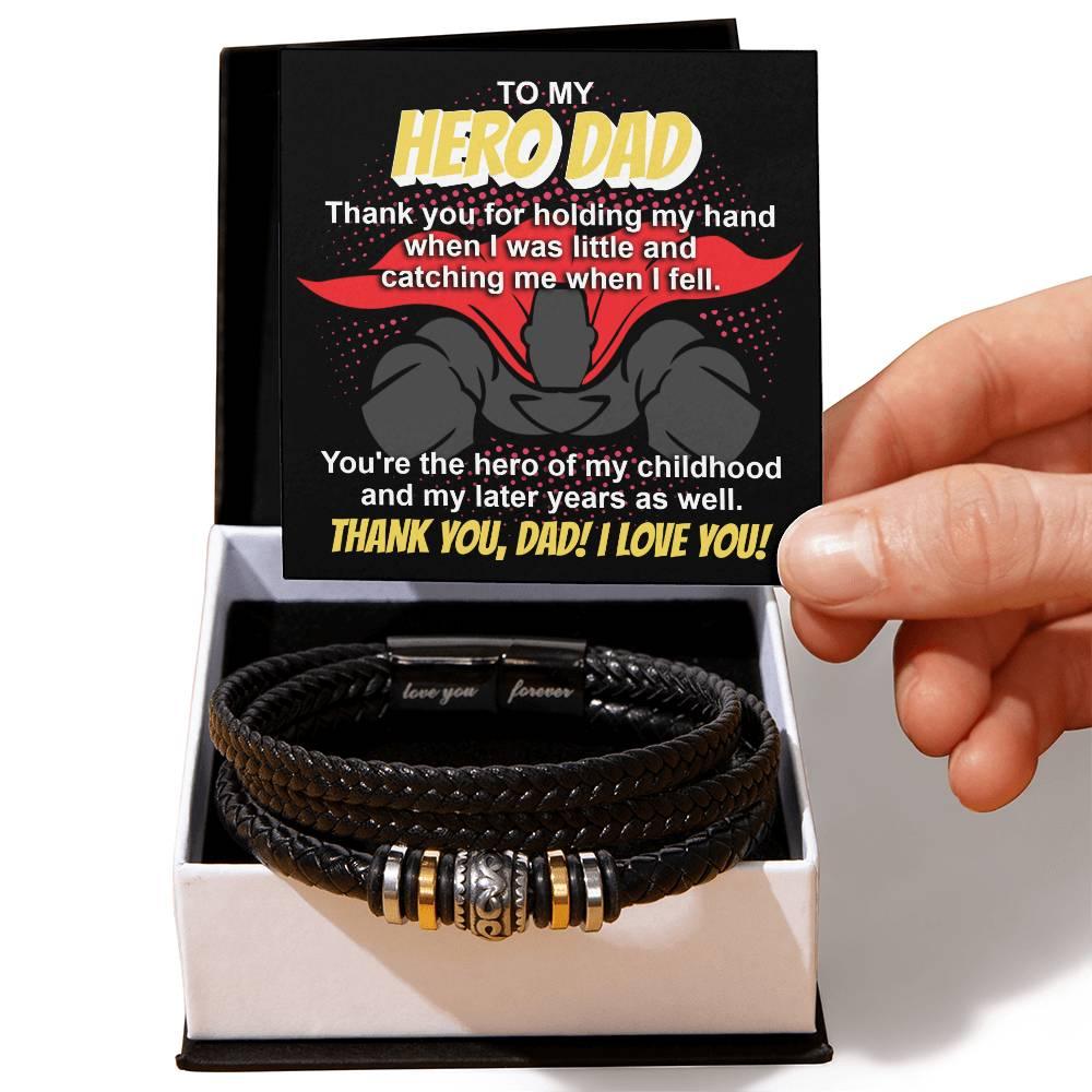Dad Gift - To My Hero Dad Catching Me When I Fell - Braided Leather Men's Bracelet - Mallard Moon Gift Shop