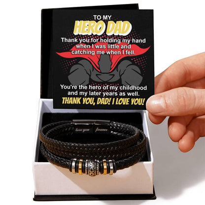 Dad Gift - To My Hero Dad Catching Me When I Fell - Braided Leather Men's Bracelet - Mallard Moon Gift Shop