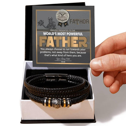 Dad Gift-Fathor - The Most Powerful Viking Father - Braided Leather Men's Bracelet - Mallard Moon Gift Shop