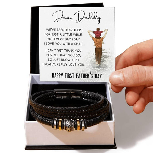 Dear Daddy Happy First Father's Day Leather Braided Men's Bracelet - Mallard Moon Gift Shop