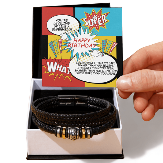Superhero Birthday Bracelet for Him – “Love You Forever” Engraved Men's Gift | Comic Card Style for Son, Husband, or Boyfriend - Mallard Moon Gift Shop