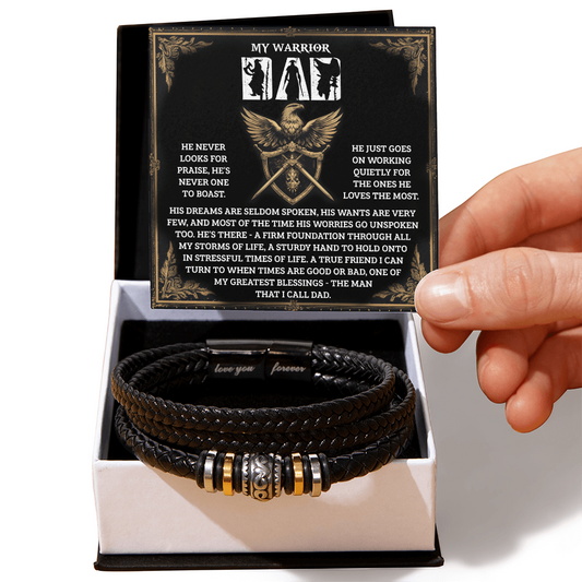 My Warrior Dad - Father's Day, Birthday Gift for Dad - Men's Braided Vegan Leather Bracelet with Quiet Strength Warrior Message Card - Mallard Moon Gift Shop