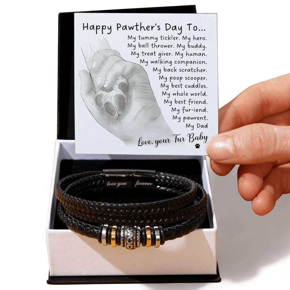 Gift for Fur Dad Happy Pawther's Day Personalized Black Braided Leather Men's Bracelet - Mallard Moon Gift Shop