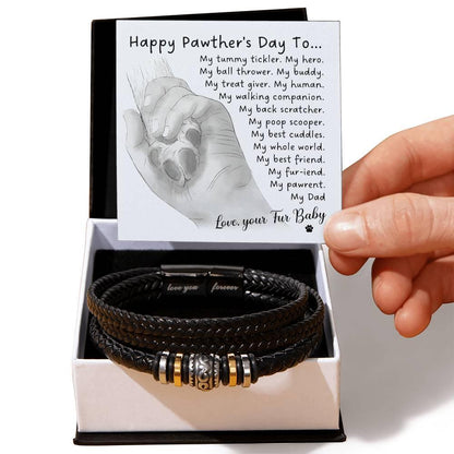 Gift for Fur Dad Happy Pawther's Day Personalized Black Braided Leather Men's Bracelet - Mallard Moon Gift Shop