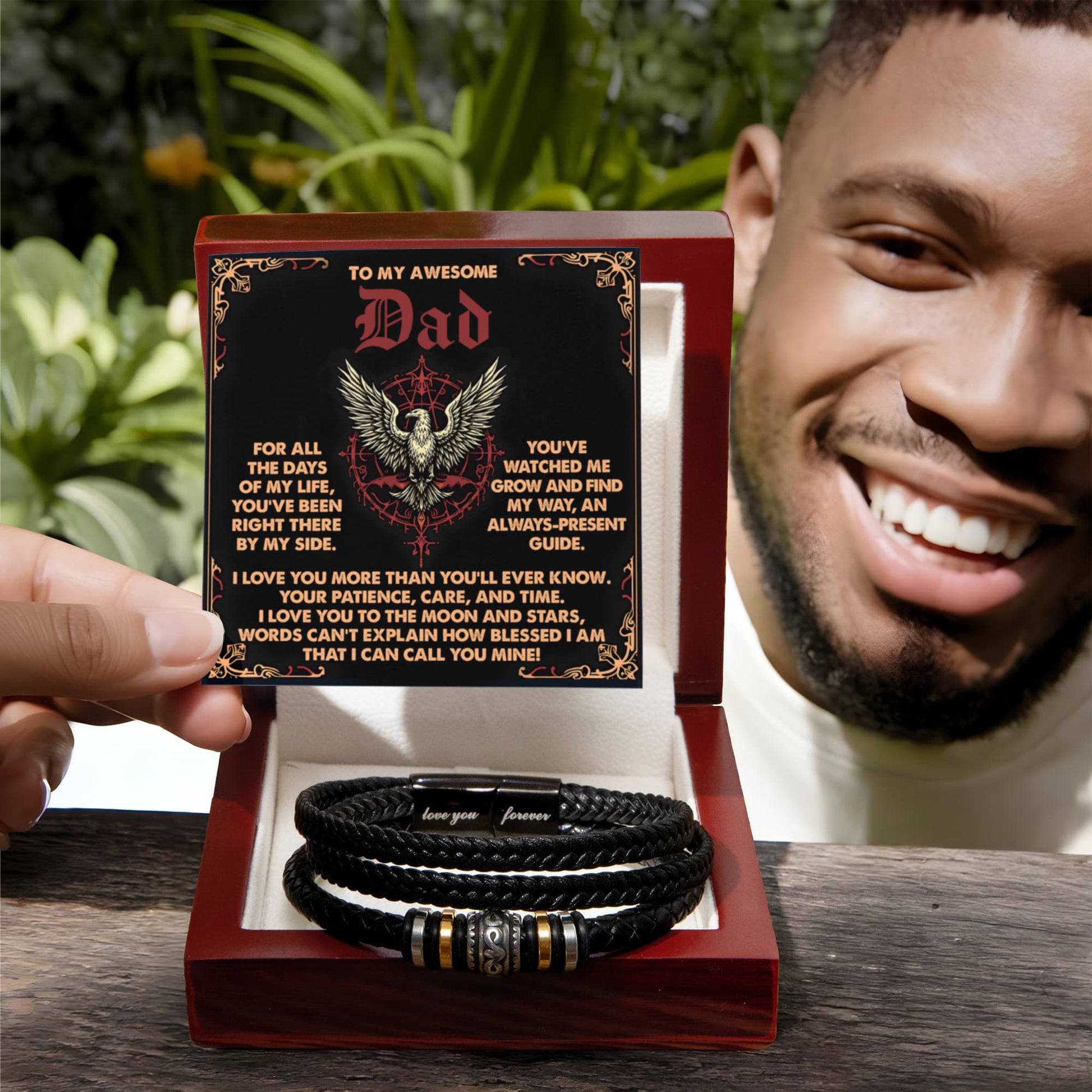 To My Awesome Dad Vegan Leather Bracelet  Birthday, Father's Day Gift with Norse-Inspired “Always Present Guide" Message Card - - Mallard Moon Gift Shop