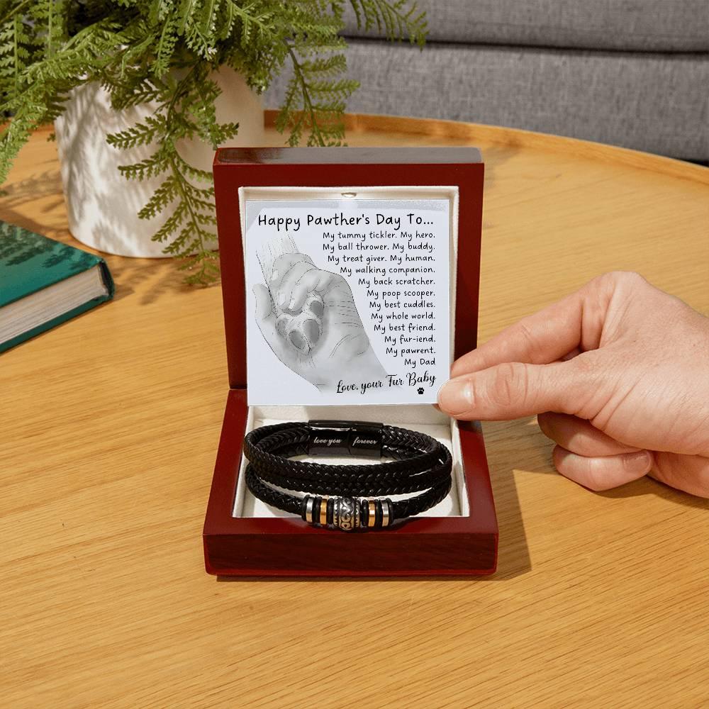 Gift for Fur Dad Happy Pawther's Day Personalized Black Braided Leather Men's Bracelet - Mallard Moon Gift Shop