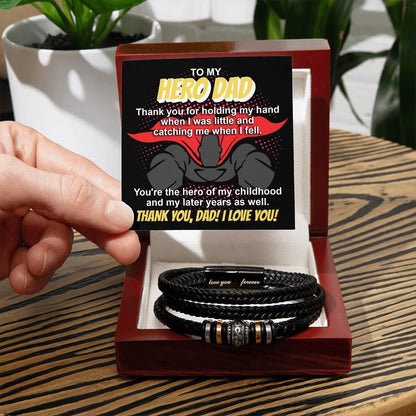 Dad Gift - To My Hero Dad Catching Me When I Fell - Braided Leather Men's Bracelet - Mallard Moon Gift Shop