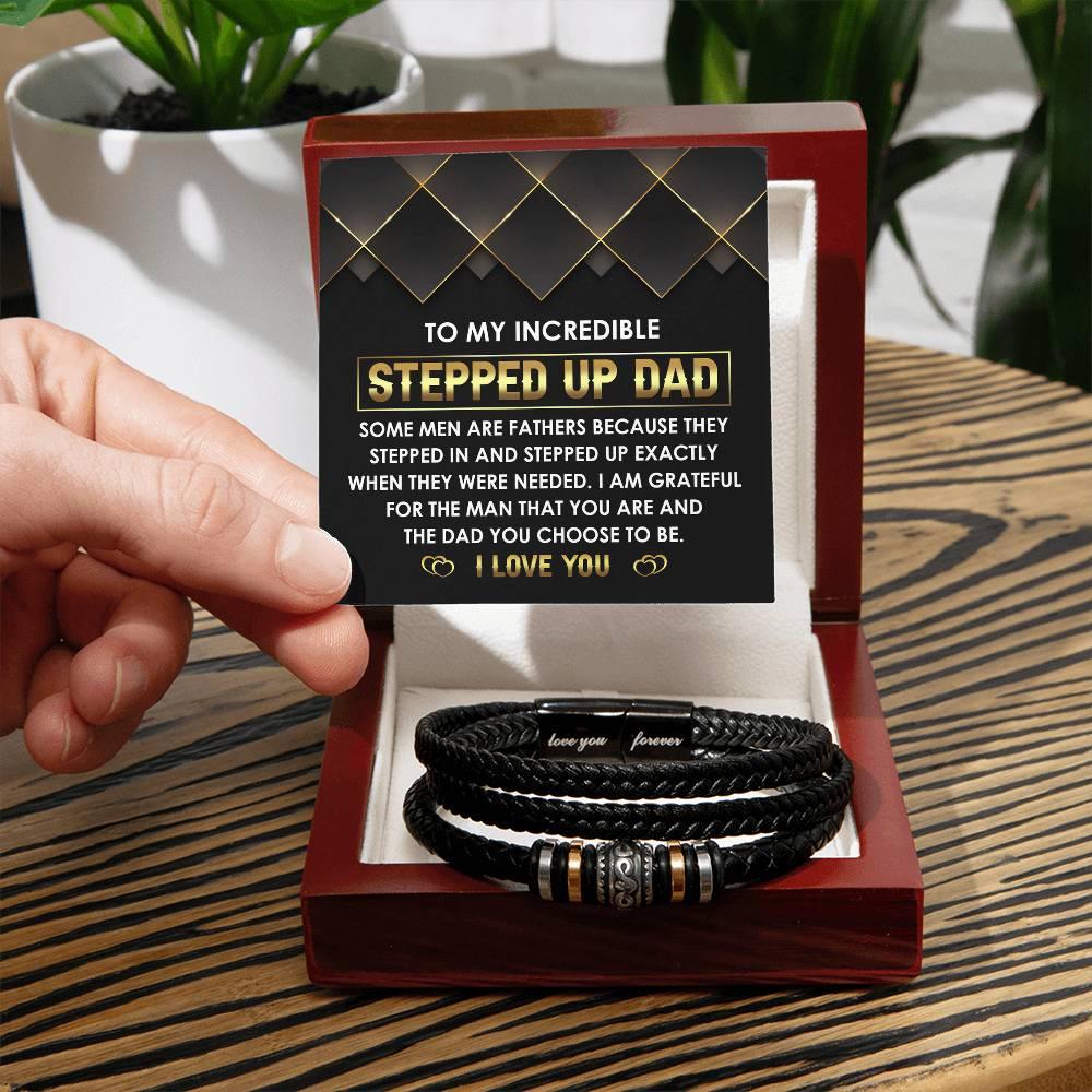 To My Incredible Stepped Up Dad - The Dad You Choose to Be Men's Leather Bracelet with Gift Box - Mallard Moon Gift Shop
