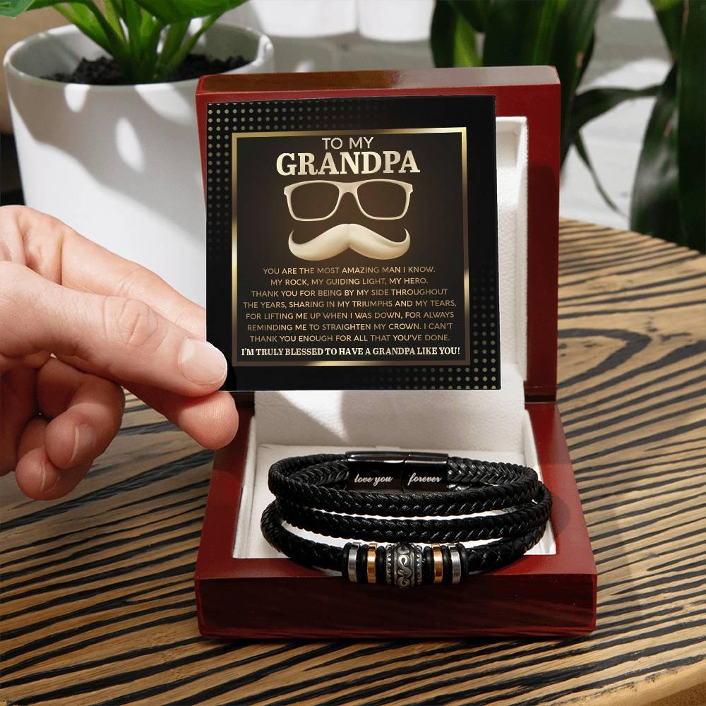 To My Grandpa - My Rock My Guiding Light My Hero Men's Leather Bracelet - Mallard Moon Gift Shop