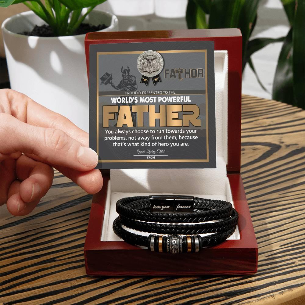 Dad Gift-Fathor - The Most Powerful Viking Father - Braided Leather Men's Bracelet - Mallard Moon Gift Shop