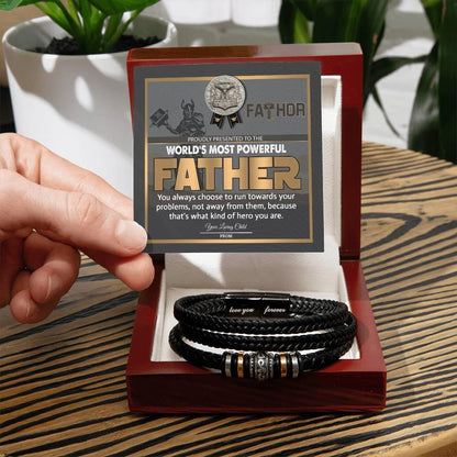 Dad Gift-Fathor - The Most Powerful Viking Father - Braided Leather Men's Bracelet - Mallard Moon Gift Shop
