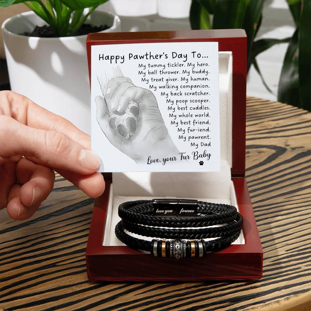 Gift for Fur Dad Happy Pawther's Day Personalized Black Braided Leather Men's Bracelet - Mallard Moon Gift Shop