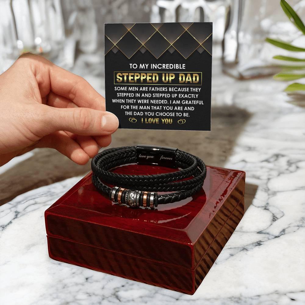 To My Incredible Stepped Up Dad - The Dad You Choose to Be Men's Leather Bracelet with Gift Box - Mallard Moon Gift Shop