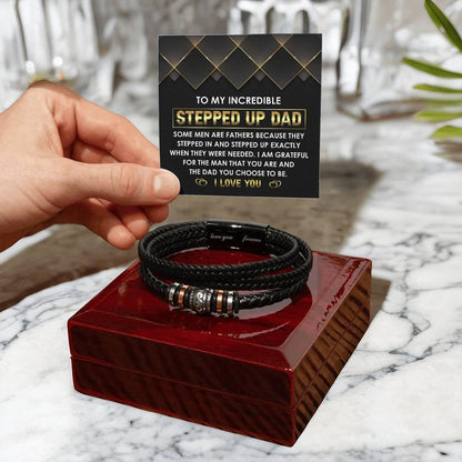 To My Incredible Stepped Up Dad - The Dad You Choose to Be Men's Leather Bracelet with Gift Box - Mallard Moon Gift Shop
