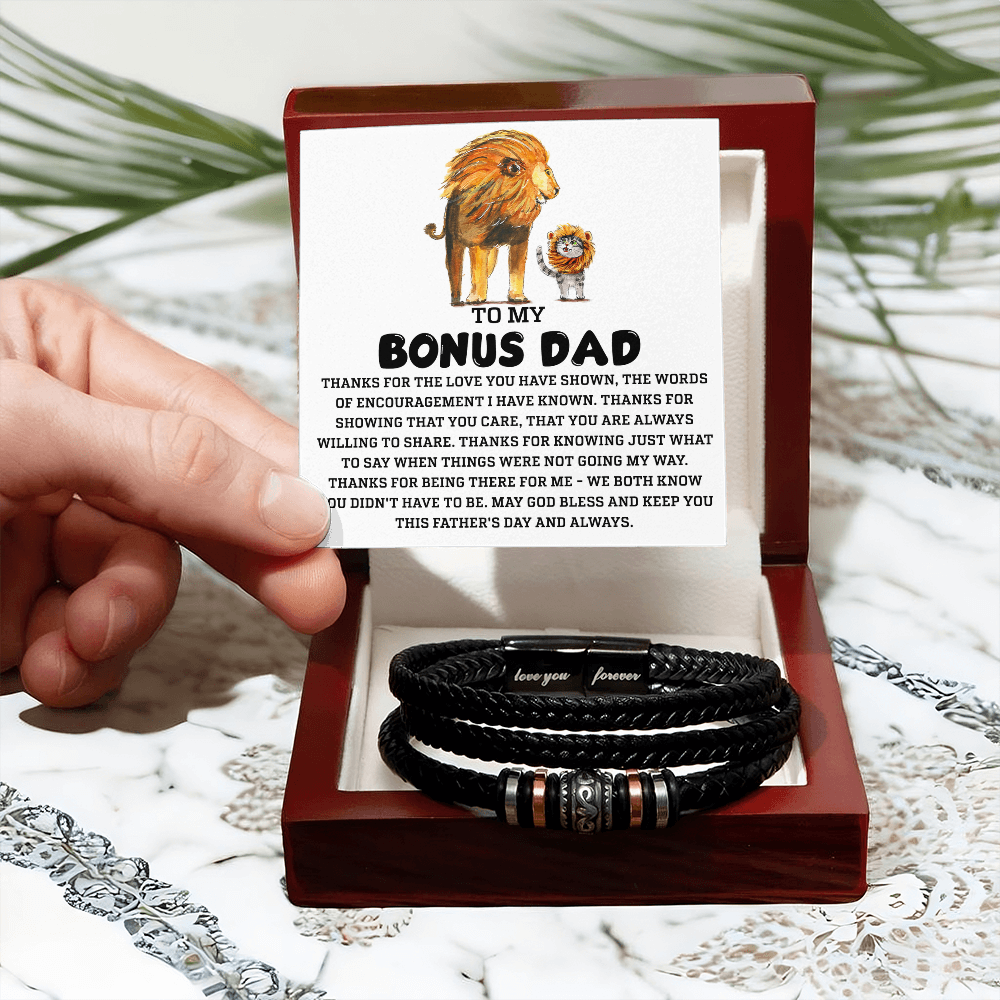 Bonus Dad Father's Day Gift - Men's Love You Forever Bracelet with Grateful Heart Message Card - Braided Vegan Leather Bracelet - Meaningful Stepdad Appreciation Gift - Mallard Moon Gift Shop