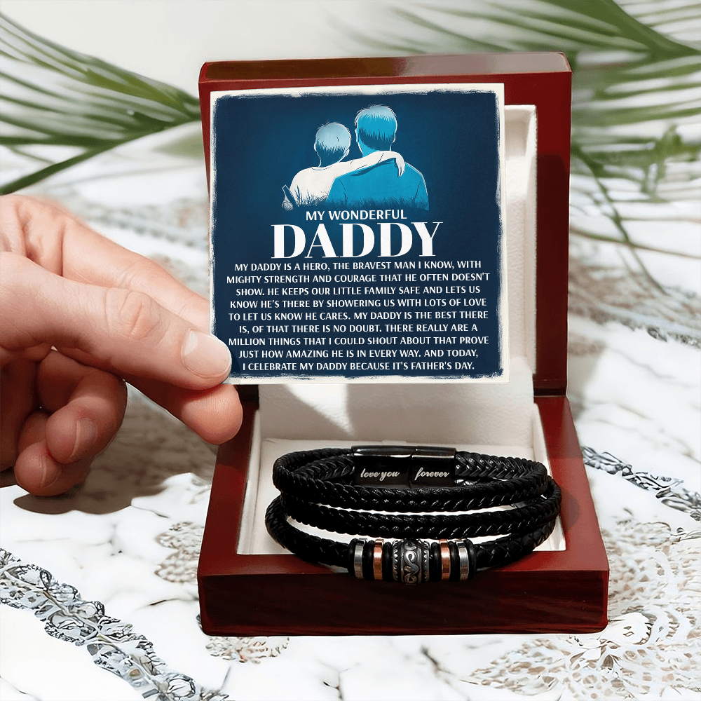 My Wonderful Daddy - Men's Vegan Leather Bracelet with Message Card - Meaningful Gift for Dad from Son or Daughter - Mallard Moon Gift Shop