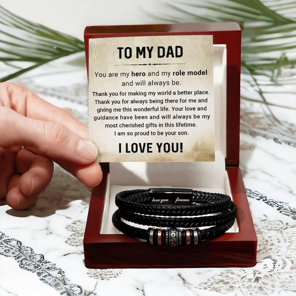 Dad My Hero My Role Model Leather Braided Men's Bracelet - Mallard Moon Gift Shop