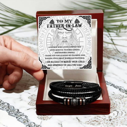 Gift for Father-in-Law - Thank You for Leading By Example - Black Braided Leather Men's Bracelet - Mallard Moon Gift Shop
