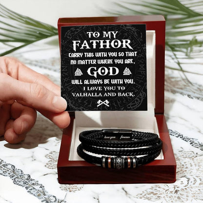 Dad Gift - To My Fathor -God Will Always Be With You-To Valhalla Viking Braided Leather Men's Bracelet - Mallard Moon Gift Shop