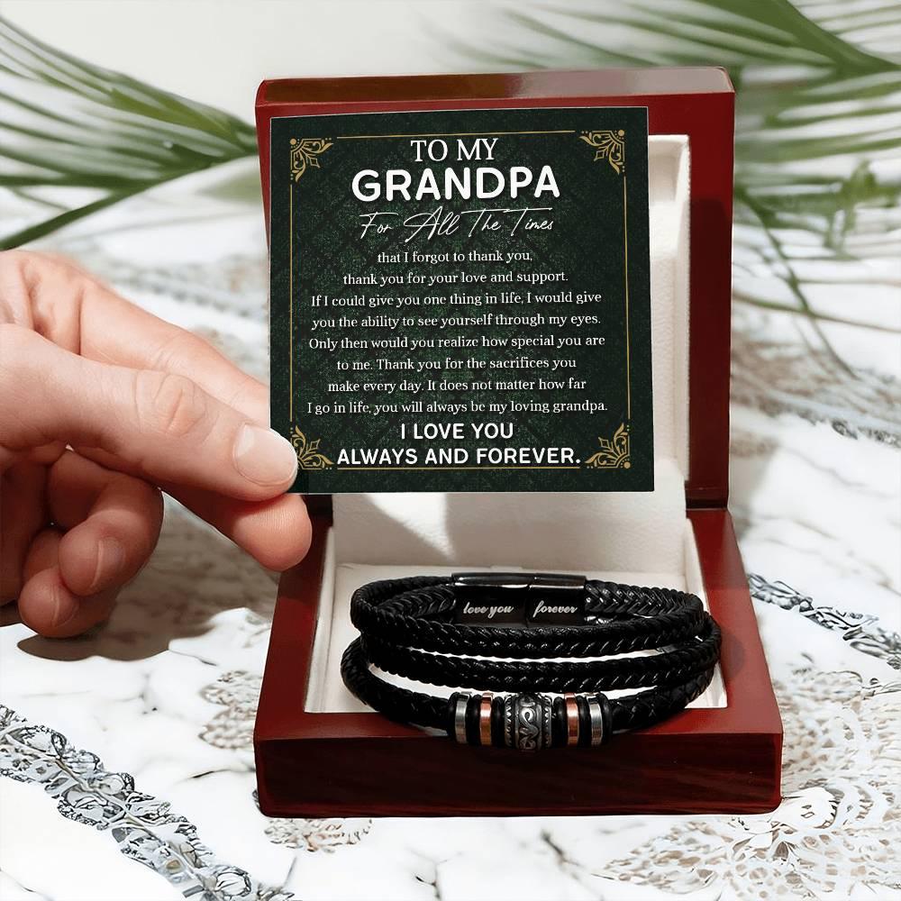 Grandpa Gift Thank You for Your Love and Support Black Braided Leather Men's Bracelet - Mallard Moon Gift Shop
