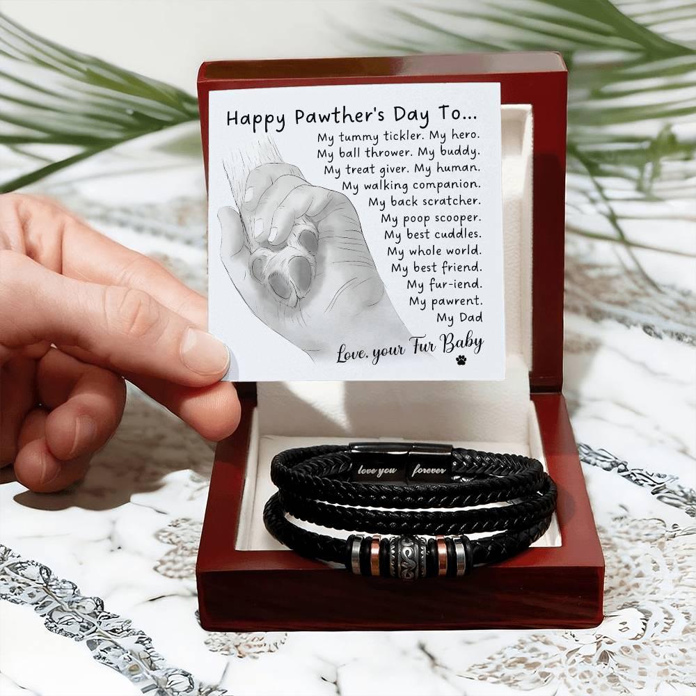 Gift for Fur Dad Happy Pawther's Day Personalized Black Braided Leather Men's Bracelet - Mallard Moon Gift Shop