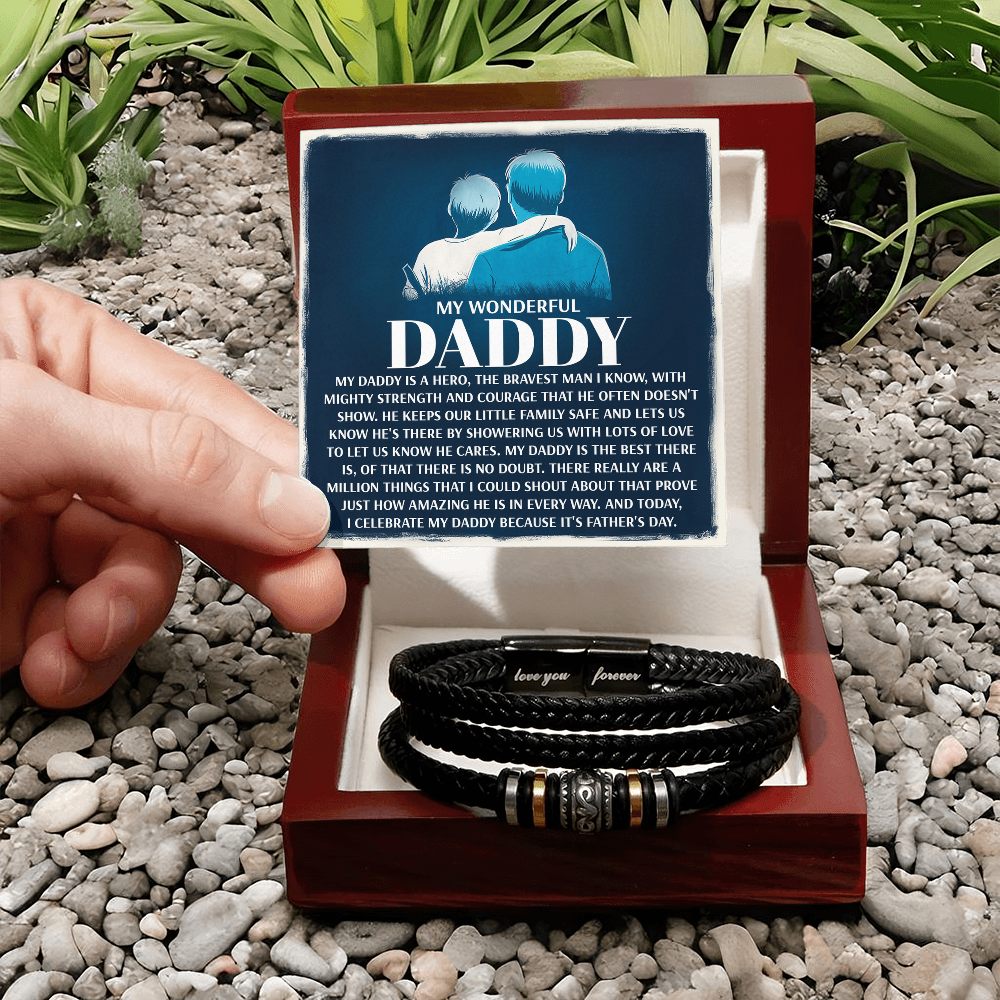 My Wonderful Daddy - Men's Vegan Leather Bracelet with Message Card - Meaningful Gift for Dad from Son or Daughter - Mallard Moon Gift Shop