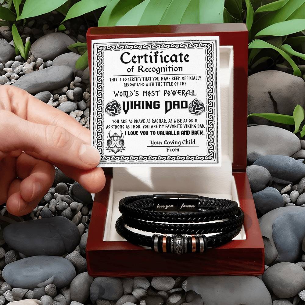 World’s Most Powerful Viking Dad Bracelet – Personalized Certificate Gift from Your Loving Child – Brave, Wise, Strong Norse Mythology Father’s Day Gift Idea – Black Braided Leather Bracelet for Dad - Mallard Moon Gift Shop
