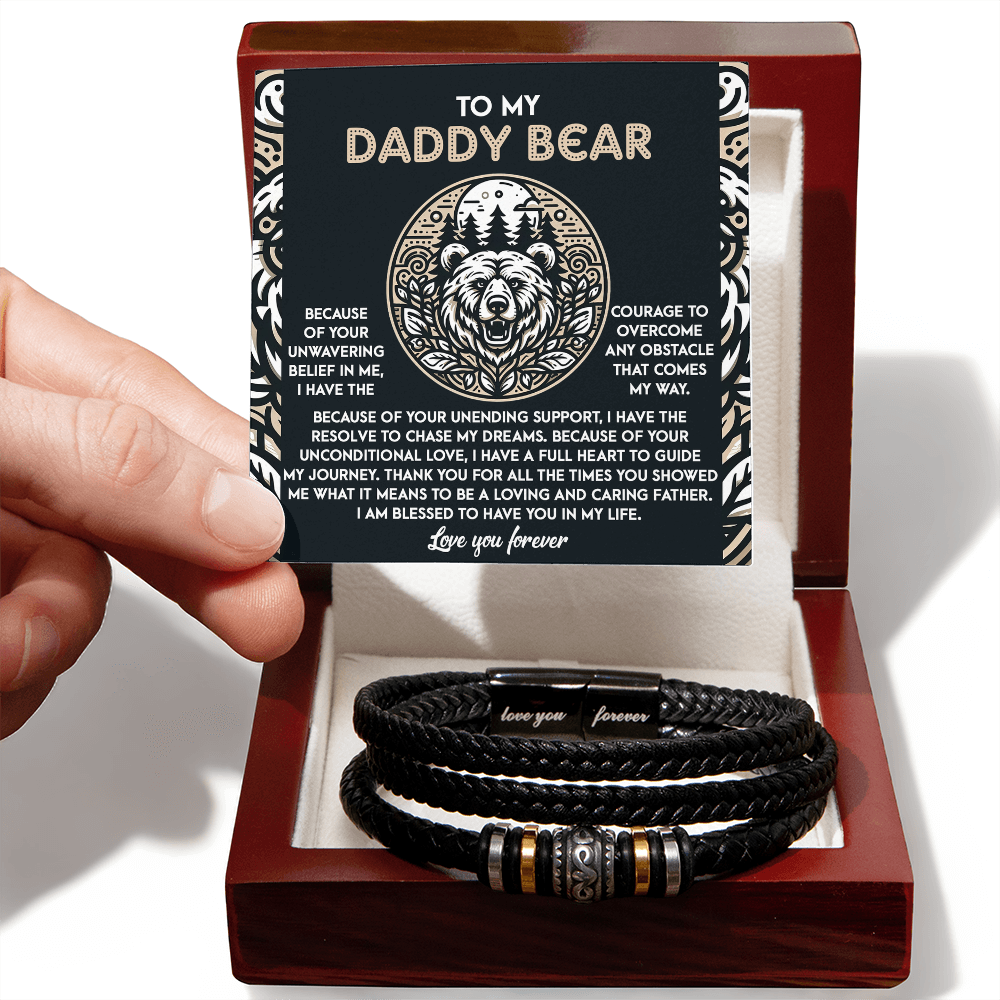 To My Daddy Bear Leather Bracelet with Message Card – Unwavering Belief & Support – Father's Day, Birthday, or Christmas Gift for Dad - Mallard Moon Gift Shop