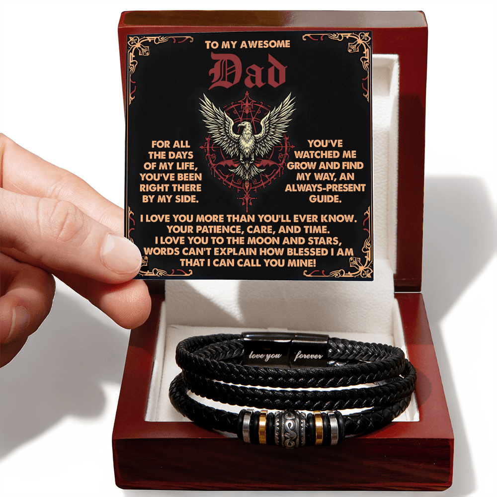 To My Awesome Dad Vegan Leather Bracelet  Birthday, Father's Day Gift with Norse-Inspired “Always Present Guide" Message Card - - Mallard Moon Gift Shop