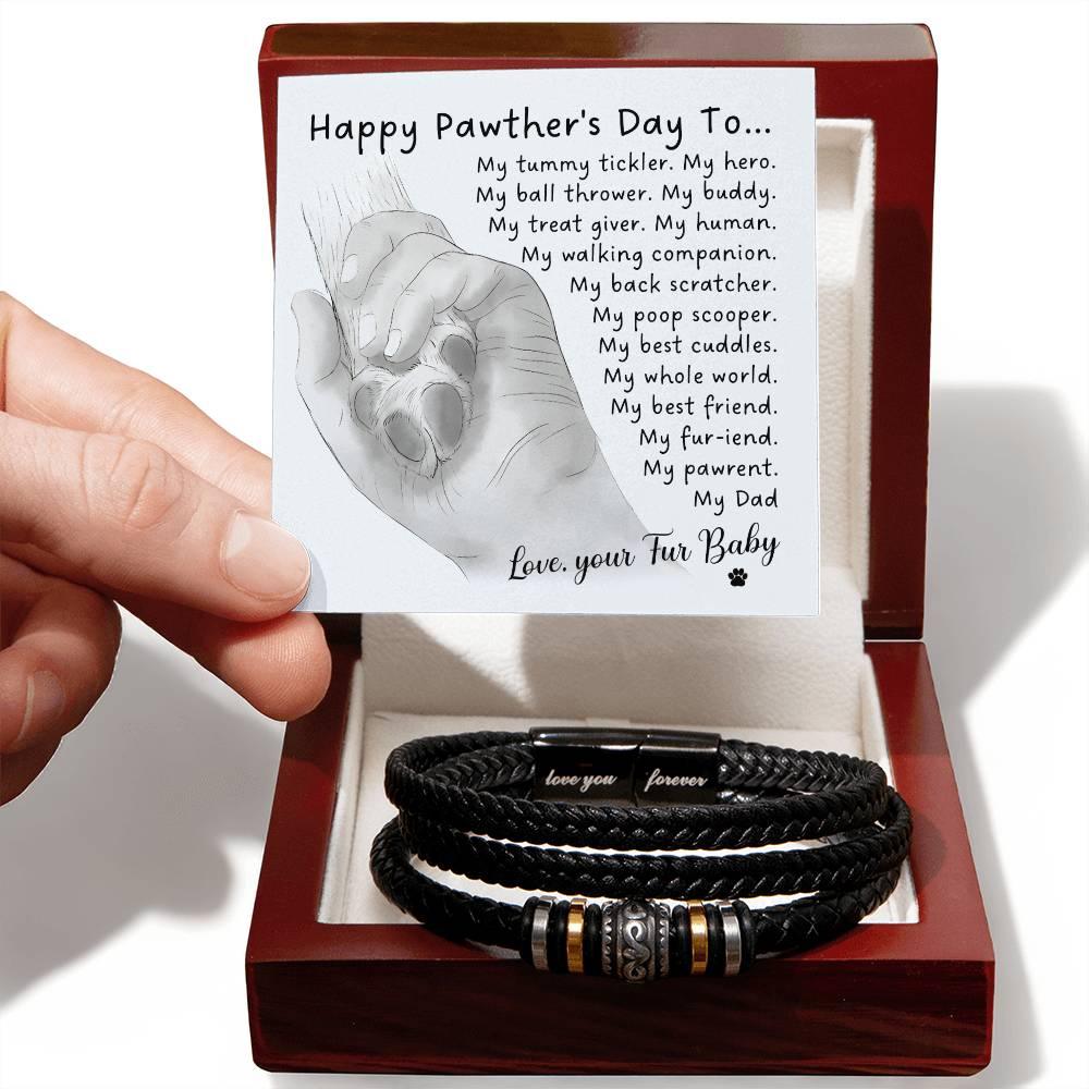 Gift for Fur Dad Happy Pawther's Day Personalized Black Braided Leather Men's Bracelet - Mallard Moon Gift Shop