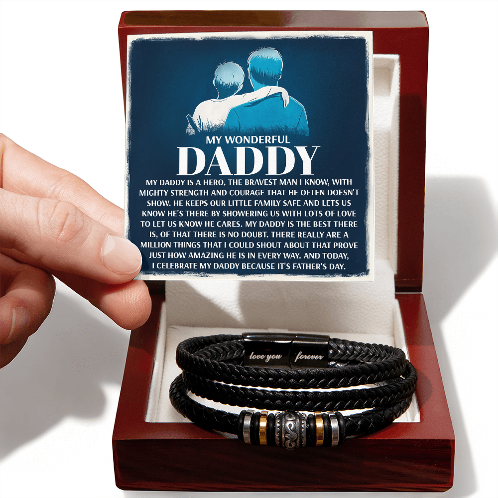 My Wonderful Daddy - Men's Vegan Leather Bracelet with Message Card - Meaningful Gift for Dad from Son or Daughter - Mallard Moon Gift Shop
