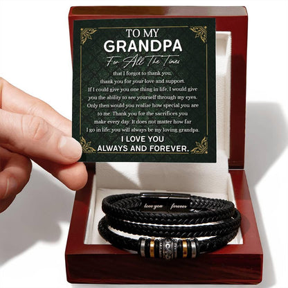 Grandpa Gift Thank You for Your Love and Support Black Braided Leather Men's Bracelet - Mallard Moon Gift Shop
