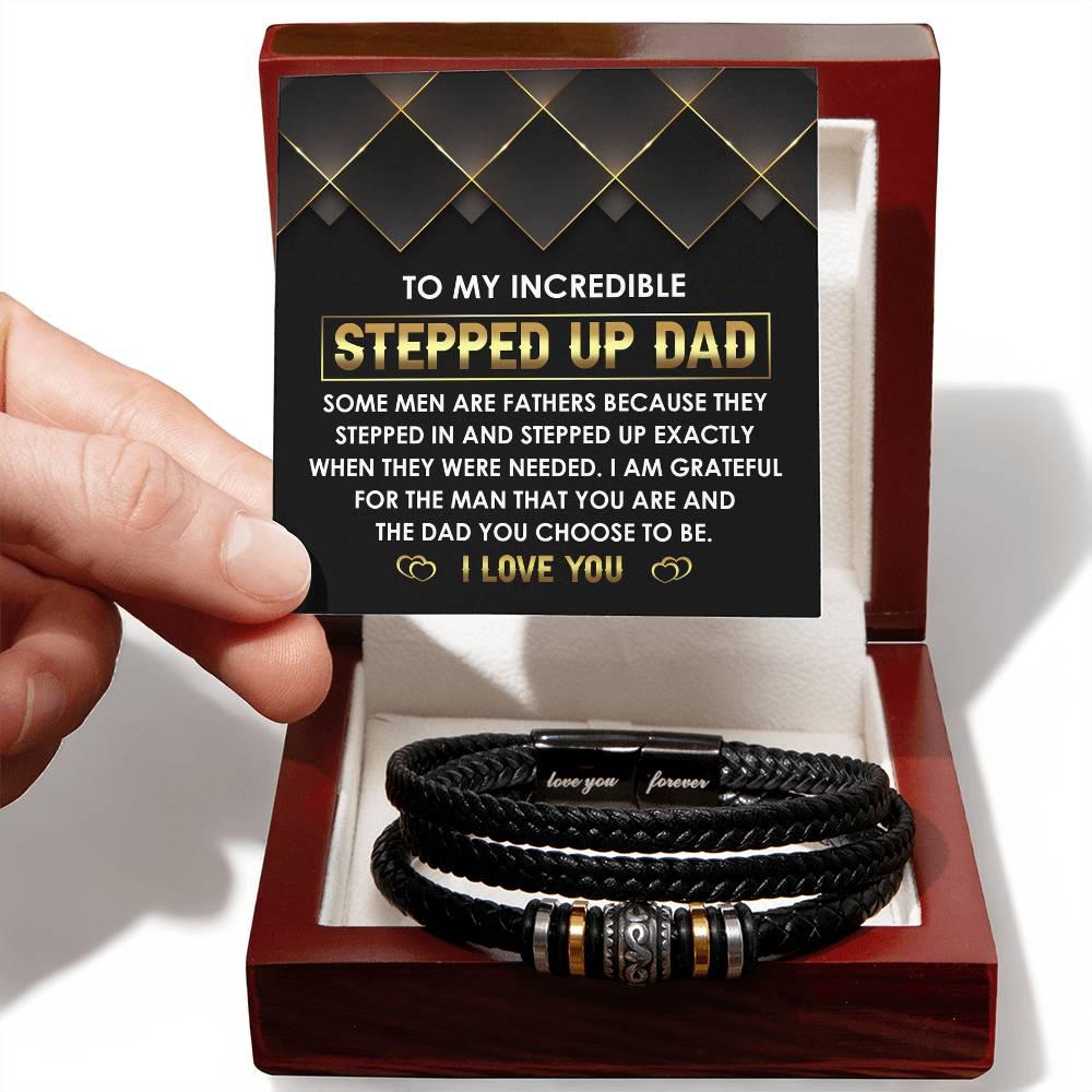 To My Incredible Stepped Up Dad - The Dad You Choose to Be Men's Leather Bracelet with Gift Box - Mallard Moon Gift Shop