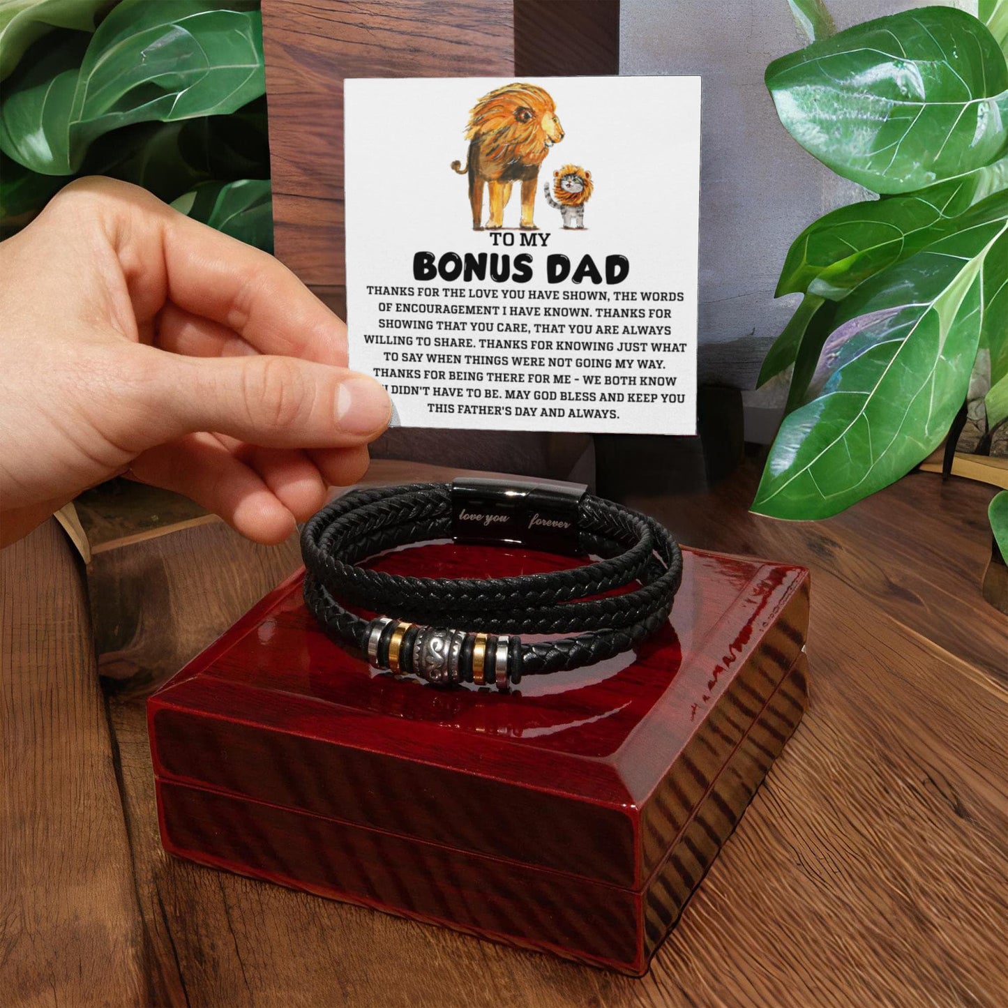 Bonus Dad Father's Day Gift - Men's Love You Forever Bracelet with Grateful Heart Message Card - Braided Vegan Leather Bracelet - Meaningful Stepdad Appreciation Gift - Mallard Moon Gift Shop